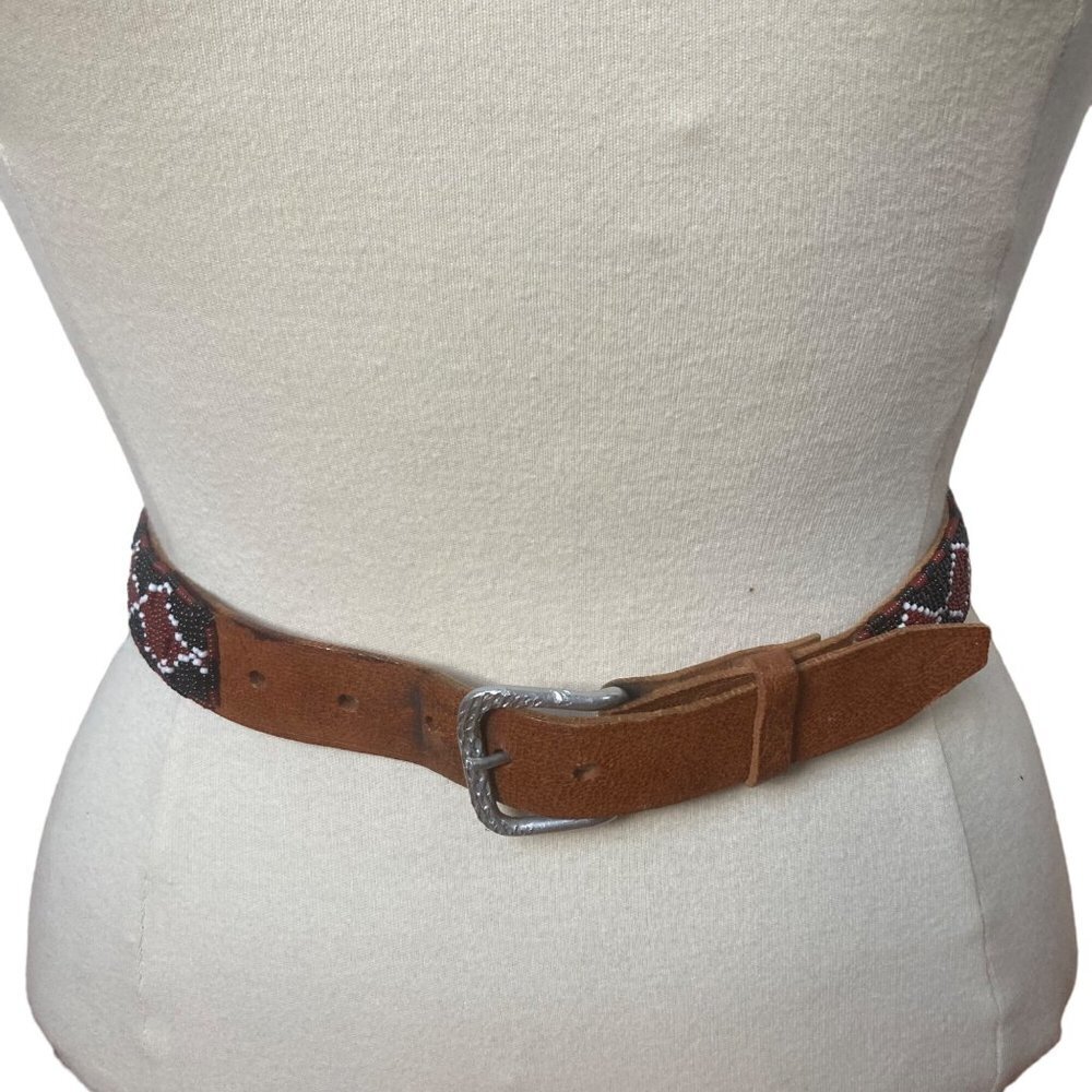 Vintage Hand Beaded Leather Belt Womens Large Red Black Southwestern Rodeo - Picture 2 of 9